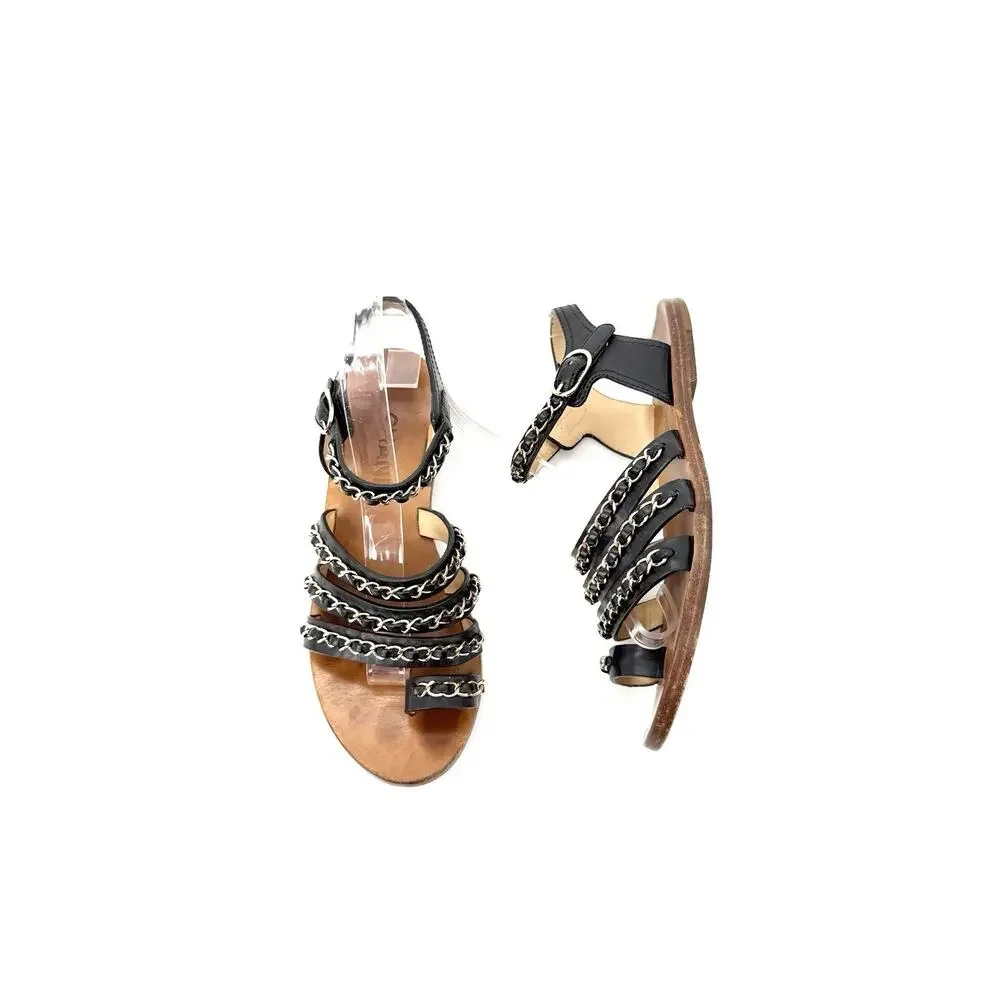 Chanel CC Logo Gladiator Sandals 37.5 US 7.5 Leather Multi Strap Chain Link - Picture 2 of 11